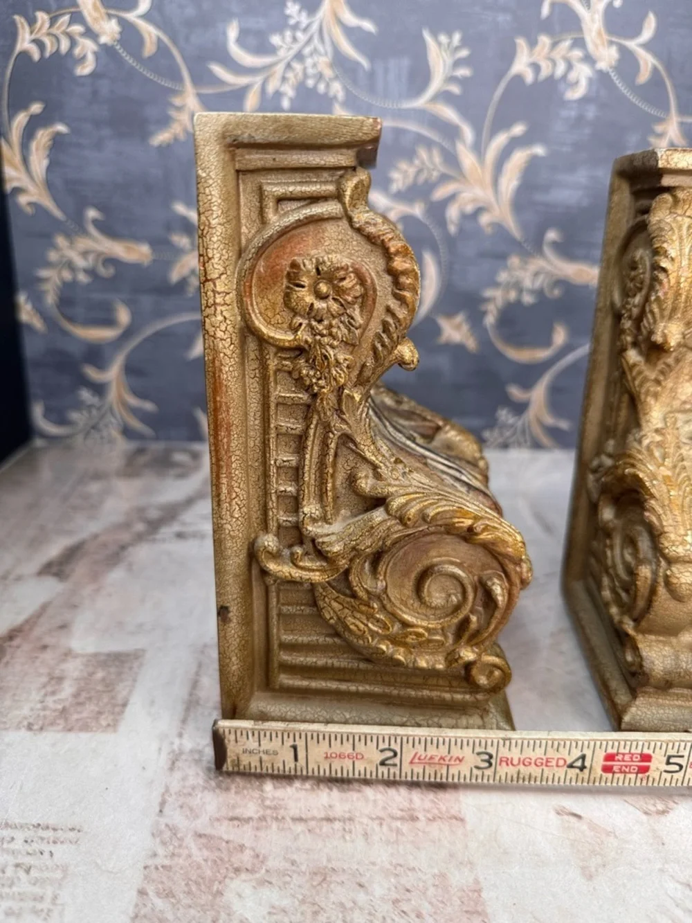 Vintage Ornate Bookends Faux Bois Resin Wood Gilt Scroll Pair